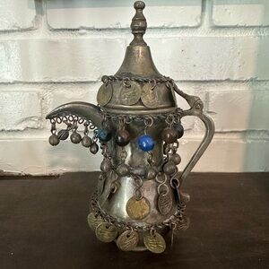 Turkish silver metal pitcher with coins and beads